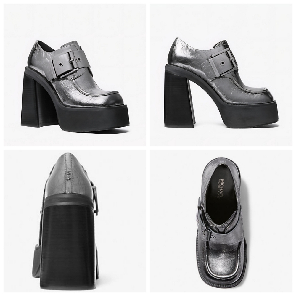 NWT Chunky Colby Crackled Metallic Leather Platform Loafer By Michael Kors